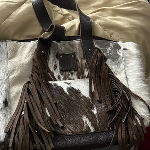 STS Ranchwear Brown and White Cowhide Fringe Tote with Dark Leather Trim